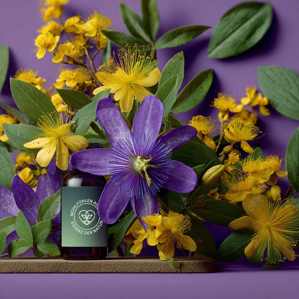 Blumenbild mit versteckter Flasche und Logo von Naturheilpraxis