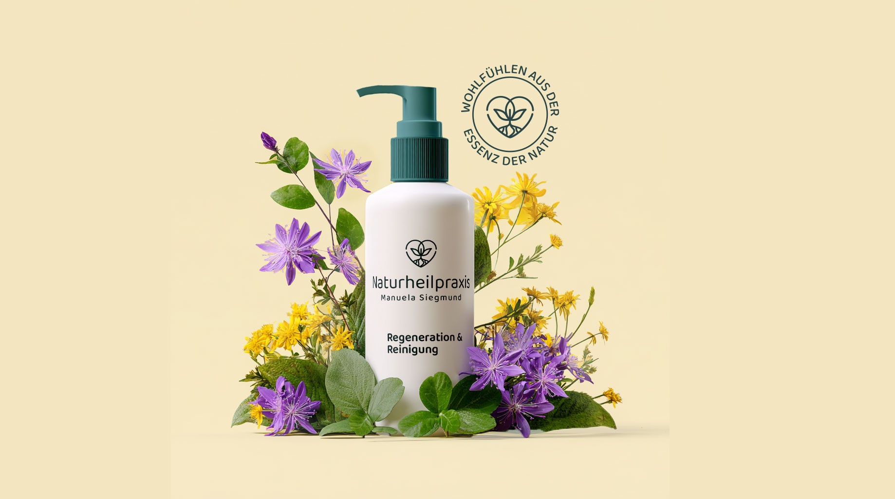 Kosmetikflasche mit Logo und Blumen im Hintergrund