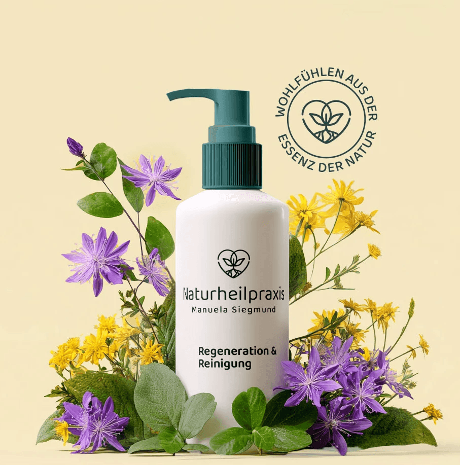 Kosmetikflasche mit Logo und Blumen im Hintergrund